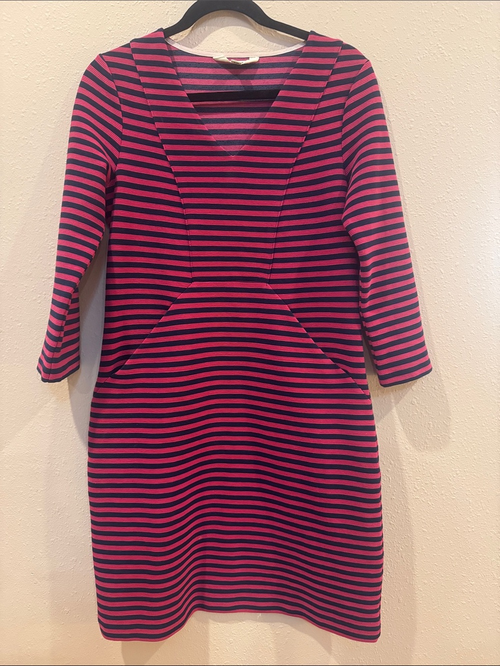 Boden Striped Pink and Navy V-Neck Sheath Dress
